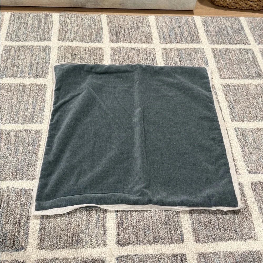 West Elm Blue Gray Velvet Square Pillow Cover with Beige Linen Piping Accent